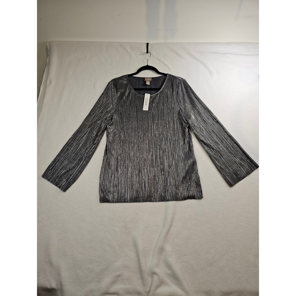 Chicos Sparkle Pleated Shimmer Scoop Top Silver Long Sleeve Blouse Size 2 Large